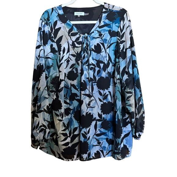 Calvin Klein Top Womens 2X Multicolor Floral Print Flowy Blouse Ladies - Picture 1 of 9